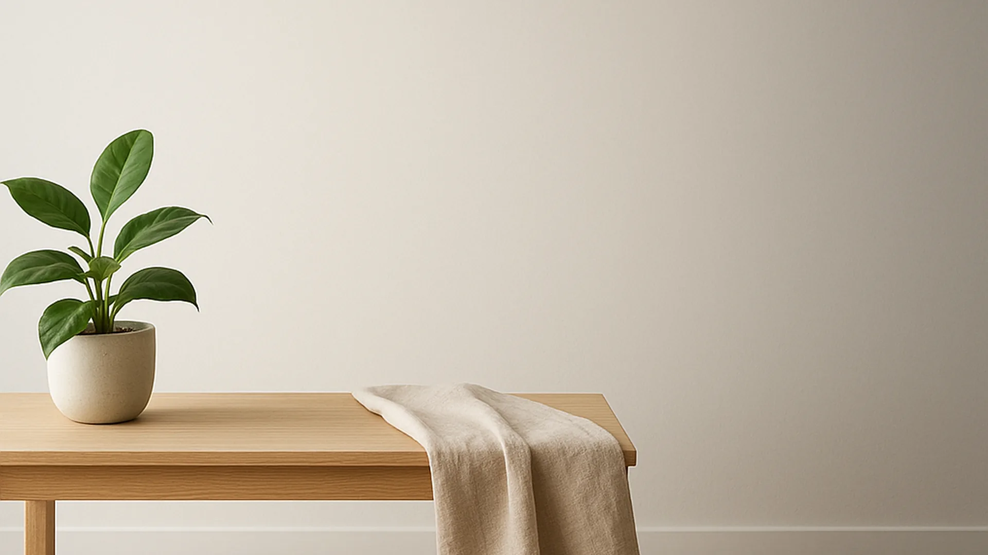 Salon minimaliste lumineux avec table en bois, plaid en lin et plante verte