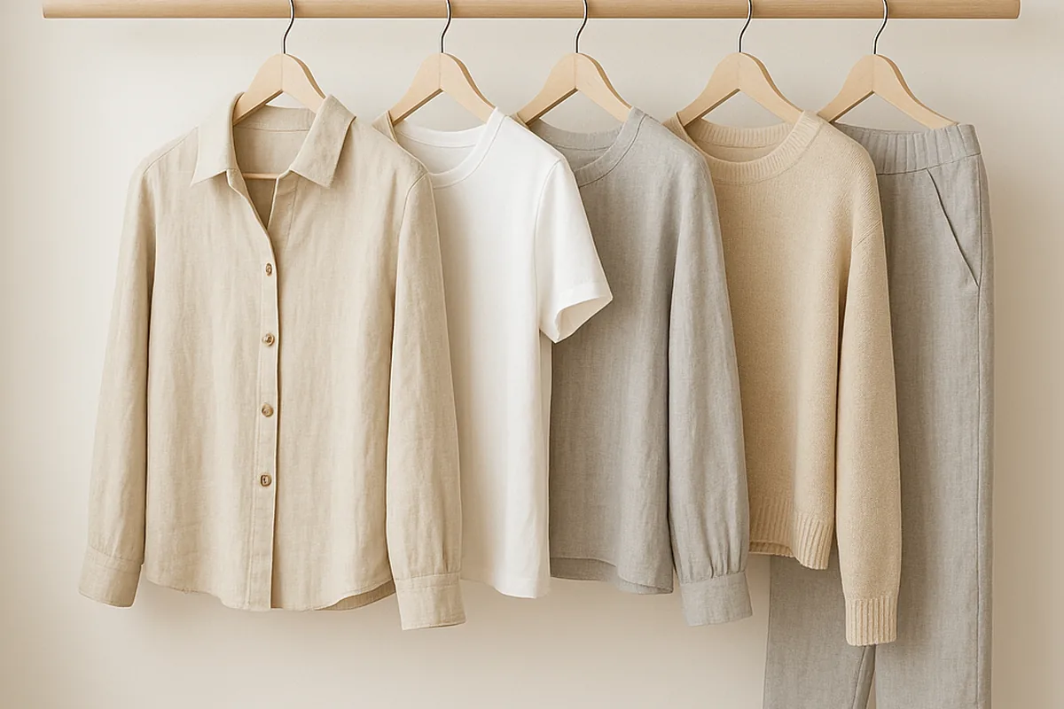 Garde-robe capsule de vêtements neutres sur une tringle en bois